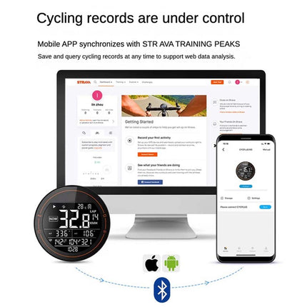 Smart device interface with cycling records displayed on a computer, phone, and round screen.