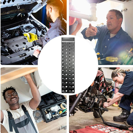 Collage of mechanics working on various vehicles with a tool organizer in the center.