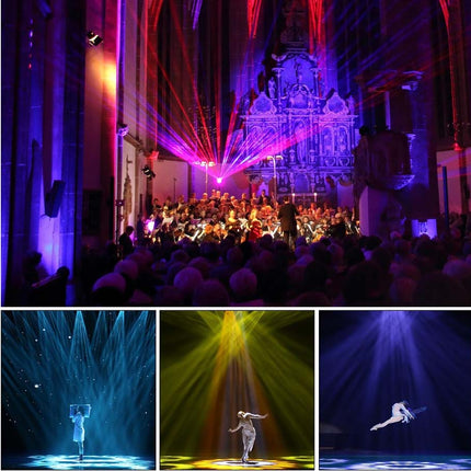 Collage of a concert with laser lights and a dancer in a dark setting.
