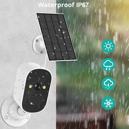 Solar-powered security camera with waterproof IP67 rating in a rainstorm.