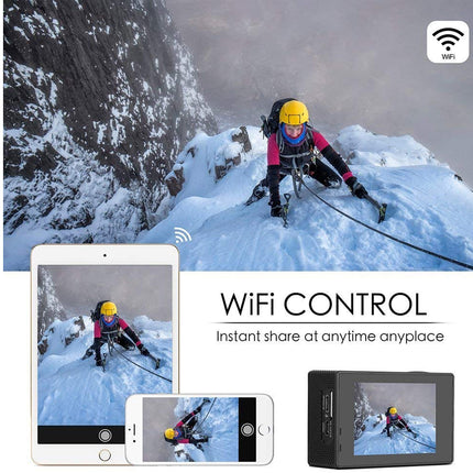 Person climbing a snowy mountain with a device displaying 'WiFi Control' and images on screens.
