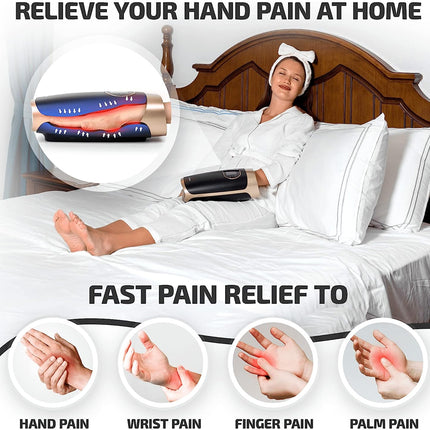 Person lying in bed with hand pain relief device, showing product and pain areas.