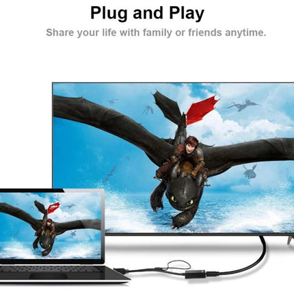 Laptop and TV displaying a dragon scene with text 'Plug and Play' and 'Share your life with family or friends anytime.'