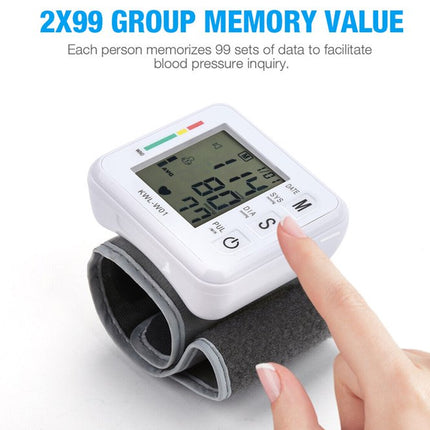 Digital blood pressure monitor with a finger on the screen against a white background