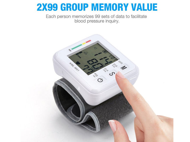 Digital blood pressure monitor with a finger on the screen against a white background