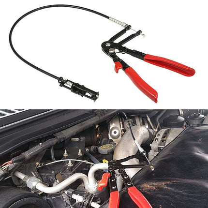 A cable-operated engine clamp tool shown on a white background, with a secondary inset photo demonstrating the tool in use on a car engine bay.