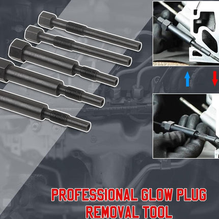 Five black glow plug removal tools displayed on a gray car engine background, with two inset photos showing installation and removal use, and red text reading 'PROFESSIONAL GLOW PLUG REMOVAL TOOL'.