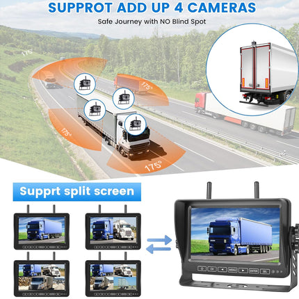 Truck monitoring system with multiple screens displaying camera views on a road.