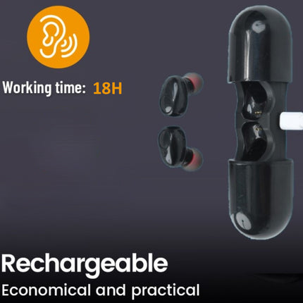 Black wireless earbuds with charging case on a dark background, featuring text about working time and rechargeability.