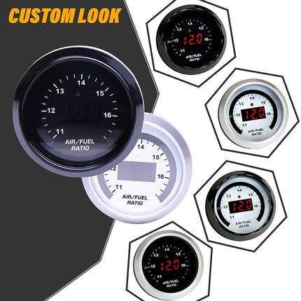 Collection of air/fuel ratio gauges with digital displays on a white background.
