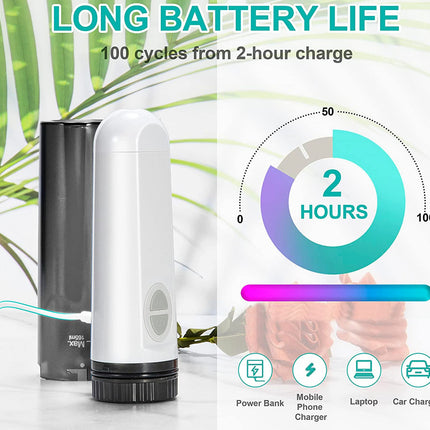 White electronic device with black accents on a white background, featuring text about long battery life.