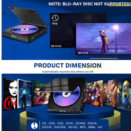 Product display of a DVD player with a blue background, showing movie scenes on the screen.