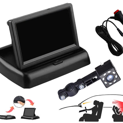 Car backup camera kit with a 7-inch display screen, rear view camera, and a cigarette lighter power adapter cable, shown on a white background with installation and usage diagrams.