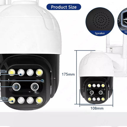Security camera with labeled features and dimensions on a white background
