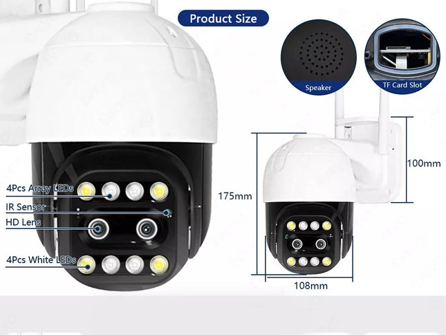 Security camera with labeled features and dimensions on a white background