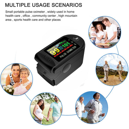 Portable pulse oximeter with usage scenarios on a white background
