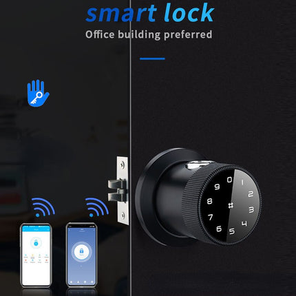 Smart lock system with digital keypad and smartphone app interface on a dark background