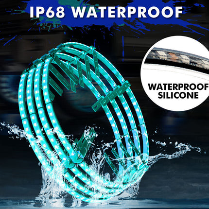 Teal LED strip with water splashing around it, labeled 'IP68 Waterproof' and 'Waterproof Silicone'.