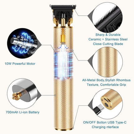 Cordless Hair Trimmer - 10W Motor & Titanium T-Blade - Gold | 1200mAh Battery | Zero Gapped | 4 Combs | For Men