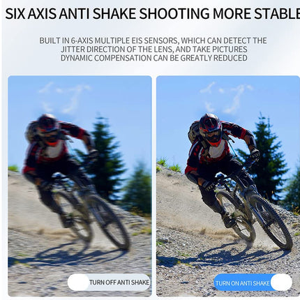 Comparison of a cyclist on a mountain bike with and without anti-shake technology.