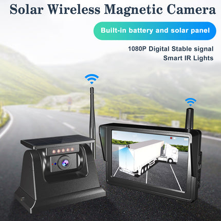 Solar wireless magnetic camera system with display on a road background
