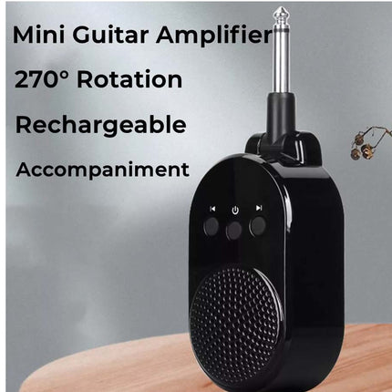 A black mini guitar amplifier speaker with a 1/4 inch jack plug, shown on a wooden surface against a gray background with promotional text overlays.