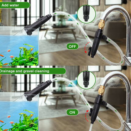 Faucet with hose attachment for aquarium and cleaning purposes, shown in various states.