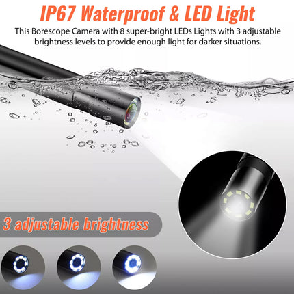 Promotional graphic for a borescope camera with text reading 'IP67 Waterproof & LED Light' and '3 adjustable brightness.' The image shows a black cylindrical camera tip emerging from water, with a circular inset of the illuminated lens and three brightness level icons below.