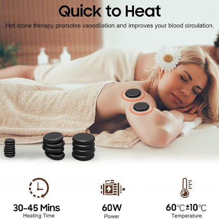 Woman receiving hot stone therapy with text about its benefits and features.