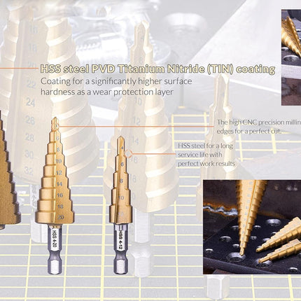 Four step drill bits with HSS steel PVD Titanium Nitride (TiN) coating, displayed alongside inset images showing them in use on a workpiece and a machine. The image includes descriptive text overlays detailing the coating benefits.