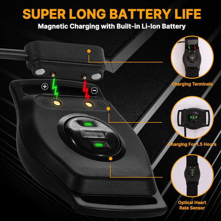 Product with magnetic charging feature and built-in Li-ion battery, showing charging terminals and heart rate sensor.