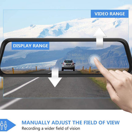 Car rearview mirror with digital display showing a road and mountains, with a hand adjusting the field of view.