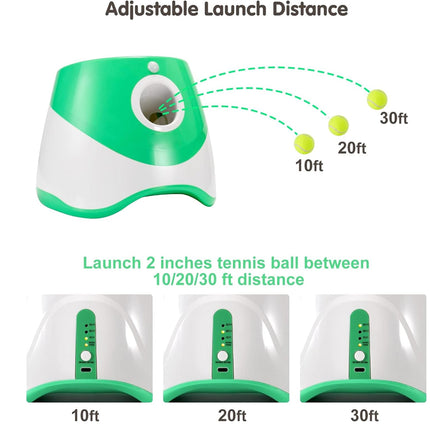 Green and white device with adjustable launch distance for tennis balls on a white background