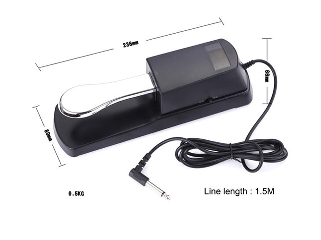 Black electronic device with cable, measurements indicated on a white background