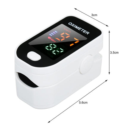 Finger oximeter with dimensions on a white background