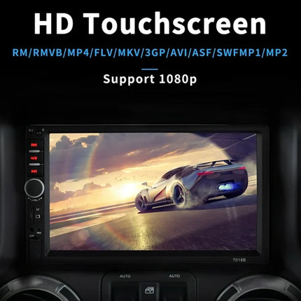 A car stereo touchscreen display mounted in a dashboard, with text above reading 'HD Touchscreen' and 'Support 1080p'. The screen shows a racing car scene.