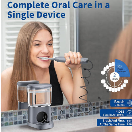 Person using a dental device with text 'Complete Oral Care in a Single Device' and product features.