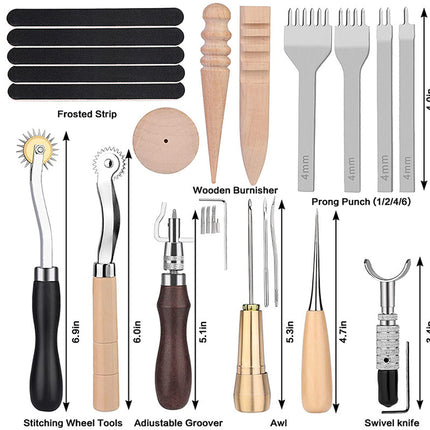 A set of leathercraft and embroidery tools arranged on a white background with labeled dimensions. The tools include a set of frosted black strips, wooden burnisher pieces, four silver prong punches, two stitching wheel tools with black and wood handles, an adjustable groover with a dark brown handle, an awl with a light wood handle, and a swivel knife with a dark metal handle.