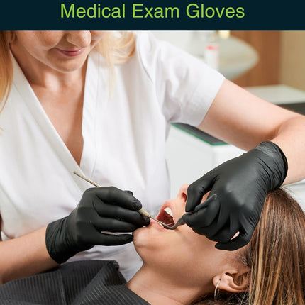 Person wearing black medical exam gloves examining a patient's teeth.