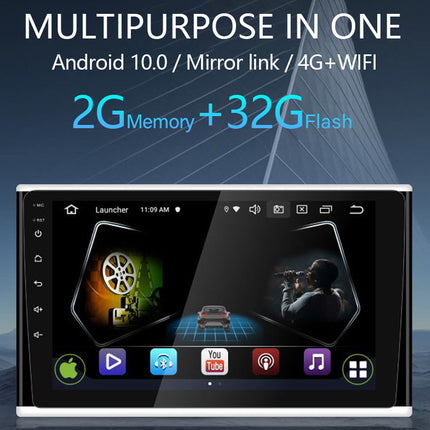 Car multimedia system with Android 10.0, mirror link, 4G+WiFi, 2G memory, and 32G flash on a scenic background.