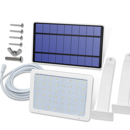 Solar panel and LED light kit with accessories on a white background