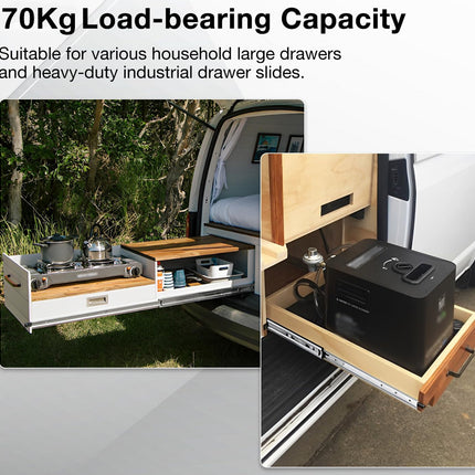 Drawer system with 70Kg load-bearing capacity, suitable for large drawers and industrial slides.