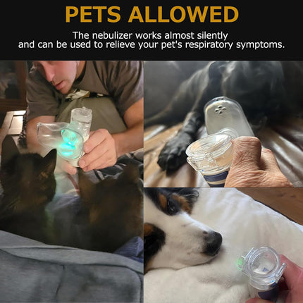 Nebulizer being used on pets with text about its silent operation and respiratory benefits.