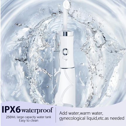 A white electric oral irrigator shown upright against a splash of water background, with text at the bottom reading 'IPX6 waterproof' and 'Add water, warm water, gynecological liquid, etc. as needed.