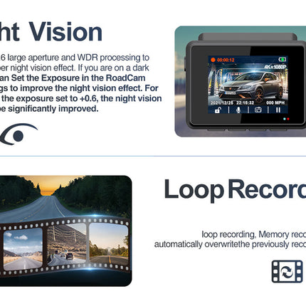 Advertisement for a device with night vision and loop recording features, showing a screen display and scenic road view.