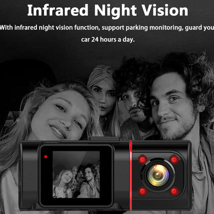 Camera with infrared night vision feature, showing a group of people inside a car.