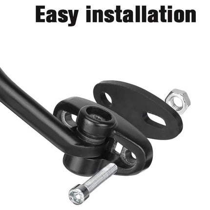 Black metal bracket with screws on a white background, labeled 'Easy installation'.