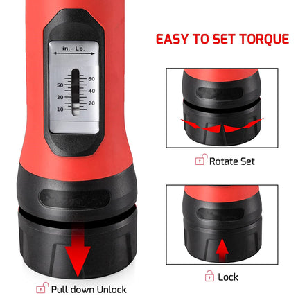 A red and black torque wrench shown on a white background with instructional callouts: 'EASY TO SET TORQUE,' a close-up of the dial, and inset diagrams for rotating to set and locking.