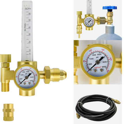 Brass gas regulator with gauge, hose, and additional components on a white background