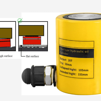 Yellow hydraulic oil cylinder with specifications and a diagram on a white background
